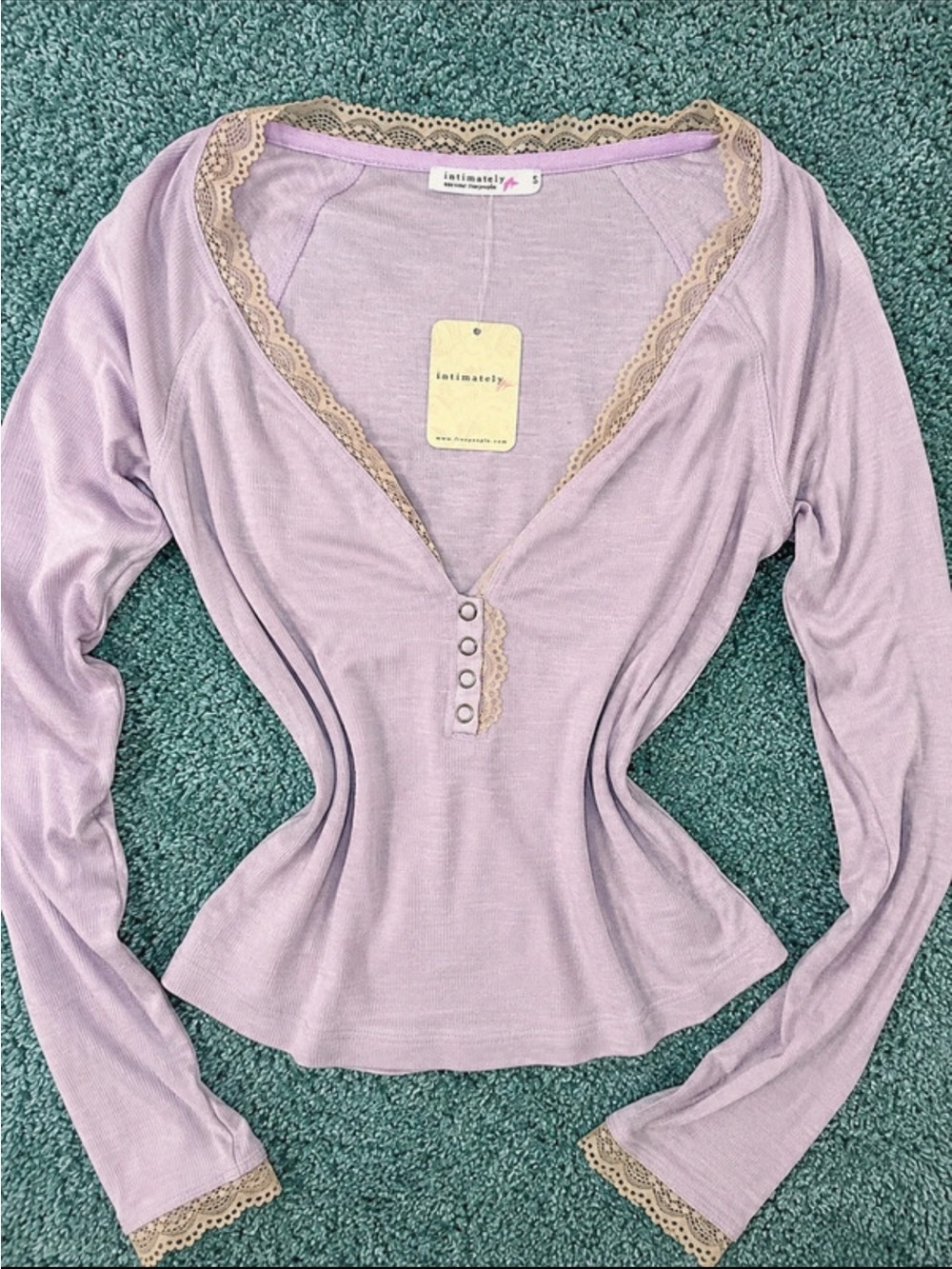 Intimately Me Free People Rare NWT Lavender Lace-Trim Long Sleeve Henley Top